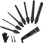 Ohuhu Curling Iron Wand Set, Upgrade 7 in 1 Curling Wand 7Pcs 0.35 to 1.25 Inch Interchangeable Ceramic Barrel Heat Protective Glove, Dual Voltage Hair Curler for All Hair Type, Black, Idea for Gift