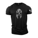 GYMTIER Spartan Helmet Hex Camo - Spartan Gym T-Shirt for Men Bodybuilding Weighlifting Strongman Training Top Active Wear Spartan Forged Black Medium