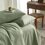 Wake In Cloud - Sage Green Duvet Cover Set, 100% Washed Cotton Yarn Dyed Plain Solid Color, Comfy Bedding with Zipper Closure Corner Ties (3pcs, Queen Size)