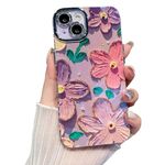 Elzzi Compatible with iPhone 13 Case 3D Laser Flower Oil Painting Cute Colorful Blue Ray Bumper with Full Camera Protection Shockproof PC+TPU Glossy Shiny Cover for Girls Women, Pink & Purple