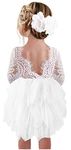 2Bunnies Girl Peony Lace Back A-Line Tiered Tutu Tulle Flower Girl Dress (White 3/4 Sleeve Short, 7-8YRS)