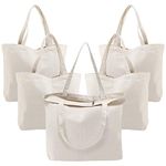 5 Pack Canvas Tote Bag with Zipper 16.5 x 13.4 Inch Heavy Duty Reusable Washable Grocery Shopping Cart Trolley Bags for Teacher DIY Art Crafts Painting Promotion Giveaway, White