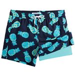 MaaMgic Mens Swim Trunks with Compression Liner 2 in 1 Swimming Shorts Stretch 5.5" Quick Dry Bathing Suits,Neon Blue Pinapple,Large