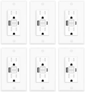 Greencycle 15 Amp GFCI Outlet with USB C & USB A Ports, 6PK Self Test GFCI Electrical Outlet Combination with USB,with LED Indicator,Residential & Commercial Grade, Includes Wall Plate & Screws, White