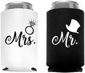 Mr. and Mrs. Gifts, Set of 2, 1 White and 1 Black Beer Can Coolies, Cute Wedding Gifts, Novelty Can Cooler, Perfect Engagement Gift, Bridal Shower Gift