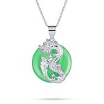 Bling Jewelry Asian Style Round Open Circle Disc Dyed Green Jade Dragon Pendant .925 Sterling Silver Necklace for Women 18 Inch