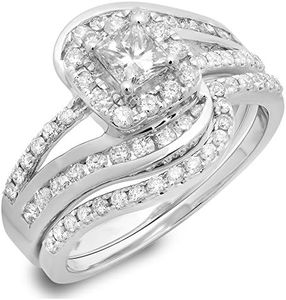 Dazzlingrock Collection 1.50 Carat (Cttw) 14K Princess & Round Diamond Twisted Halo Wedding Ring Set 1 1/2 CT(Size 10