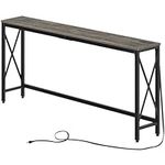 Rolanstar Console Table with Power Outlet, Narrow Sofa Table, 70.8" x 11.8" Farmhouse Table Behind Sofa Couch Hallway Entrance for Living Room, Entryway, Foyer, with Metal Frame,Grey