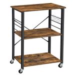 VASAGLE Kitchen Shelf on Wheels, Serving Trolley with 3 Shelves, Microwave Shelf, for Mini Oven, Toaster, with 6 Hooks, Industrial Style, Rustic Brown and Black UKKS60XV2