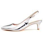 GENSHUO Women's Slingback Kitten Heels Pumps Shoes for Women Dressy Low Heel Closed Pointy Toe Comfortable Wedding Heels for Bride Metallic Silver 10