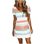 AMhomely Summer Dresses for Women UK Ladies Casual Beach Dress Trendy Stripe Print Loose Fit Mini Dress Cute V-Neck Drawstring Waist Tshirt Dress Vacation Casual Outfits with Pockets