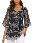 Syphiby Plus Size Tunic Tops for Women 3/4 Sleeve Dressy Tops for Evening Wear V Neck Flattering Wedding Guest Clothes Daily Casual Versatile Floral Chiffon Blouses Black-3XL