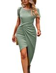 Zilcremo Women's Summer Tie Waist Ribbed Midi Dress Short Sleeve Irregular Hem Bodycon Dresses Beangreen S