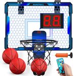 HYES Basketball Hoop Indoor, Mini Basketball Hoop with 7 LED Lighting, Mini Hoop with Electronic Scoreboard, 3 Modes, Remote Control, Over Door Basketball Hoop, Basketball Toys for Kids, Adults, Blue