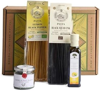 Bellina 4 Piece Italian Gift Basket With Squid Ink Pasta, Lemon Pepper Pasta, Lemon Extra Virgin Olive Oil, & Sea Salt Capers - Gourmet Pasta Gift Basket for Women & Men, Italian Pasta From Italy