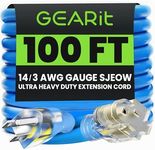 GEARit Outdoor 14 AWG Gauge 3 Prong Plug, Extension Cord, Triple Outlet Ultra Heavy Duty SJEOW, 14/3, for Indoor/Outdoor, LED Lighted Plug, Resistant Rubber Jacket, Extreme Weather, 100 Feet, Blue