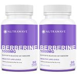 Nutrawave PURE Berberine MAXIMUM POTENCY 1000mg per Serving (2 capsules 500mg each) Supports Blood Sugar Levels, Healthy Lipid (Fat) and Glucose Metabolism. Non-GMO, Vegan, Gluten Free. 90 Easy to Swallow Capsules- 2 pack