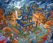 Wizardi Counted Cross Stitch Kit "Haunted Happenings" L9967 - Spooky Halloween Design, 16ct Blue Grey Aida Luca-S 57 Colors Floss, 15x12.2" Beginner Kit for Adults LetiStitch