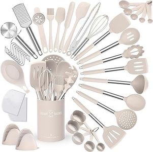 Terlulu Lot de 34 ustensiles de cuisine en silicone résistants à la chaleur avec porte-ustensiles, anti-adhésifs avec poignée en acier inoxydable