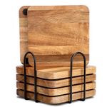 Acacia Wood Coasters Square for Drinks Tabletop Protection with Holder Set of 6, Wooden Coasters for Coffee Table Dining Table Desk Rustic Coasters for Home Office Christmas Decor 4 Inch