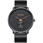 BUREI Men's Fashion Minimalist Wrist Quartz Watches with Stainless Steel Rose Gold Black Dial and Mesh Band