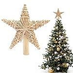 BELLE VOUS Christmas Tree Toppers-(27x25cm) Natural Handmade Straw Star Tree Topper-3d Design Star Xmas Tree Topper Ornament-Straw Star Lace Christmas Tree Decoration Home Xmas Party (Straw star)