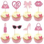 ZHUOWEISM 24 PCS Princess Cupcake Toppers Glitter High Heel Lipstick Red Lips Bow Tie Cupcake Picks for Girls Princess Theme Birthday Bridal Shower Party Cake Decorations Supplies