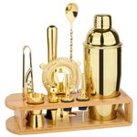 Cocktail Shaker Set Bartender Kit : 12-Piece Bar Tool Set with Bamboo Stand | Bar Set with All Practical Bar Accessories, for Drink Mixing, Bar, Home, Lounge & Party (Gold)