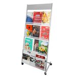 Umisu Magazine Rack Floor-Standing,4-Layer Brochure Display Stand Tiered Design with Wheels,High-Hardness Metal Magazine Display Rack,Suitable for Exhibitions,Shopping Malls, Hospitals,Offices-Silver