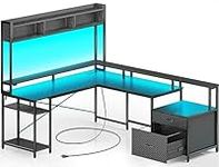 Rolanstar L Shaped Computer Desk with File Drawer,102.4" Gaming Desk with Led Lights & Power Outlets,Home Office Desk with Monitor Stand,Hutch & Storage Shelf,Carbon Fiber Black