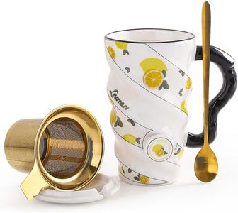 DELARLOCHEF Tea Mug with Infuser and Lid, 16oz Ceramic Coffee Mug with 304 Stainless Steel Spoon - Graduation Gifts, Teacher Appreciation Gifts, Spiral Lemon