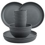 FUNYKICH 12PCS Plastic Plates and Bowls Set, Camping Plates and Bowls Set, Unbreakable Kids Plates and Bowls Sets with Plates, Bowls, Cups, Camping Dinner Set Dishwasher & Microwave Safe(Grey)