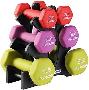 HolaHatha Neoprene Coated Hex Dumbbell Weight Training Home Gym Equipment Set with 2, 3, & 5 Pound Fitness Hand Weights and Storage Organization Rack