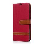 Huawei P20 Lite Phone Case, Premium Soft PU Leather + Denim Notebook Wallet Case with Magnetic Stand Card Holder ID Slot Folio TPU Bumper Protective Skin Case Cover for Huawei P20 Lite Red