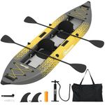 Outsunny 12.5' Inflatable Kayak Set, 2-person Sit on Canoe with Aluminium Oars, Padded Seats, High Back Support, Fins, Carry Bag, Hand Pump & Repair Kit, Blow Up Boat for Adults, Grey and Yellow