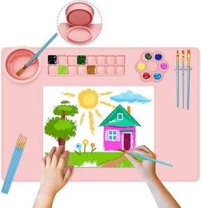 Qoolife Silicone Painting Mat with Cup, 23.6"*15.7" Silicone Art Mats for Crafts with 10 Brushes, 12 Color Dividers, Collapsible Erasable Washable Painting Mat for Kids (Pink)