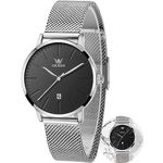 OLEVS Silver Watches for Women Thin Simple Analog Quartz Womens Watch Mesh Waterproof Small Wrist Watches for Women Black Face Elegant Minimalist Dress Ladies Watch with Date, Montre Femme