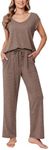 Ekouaer Womens Pajamas Set Short Sleeve Sleepwear Long Pants Lounge Set 2 Piece Pjs Soft Loungewear with Pockets,Brown,XL