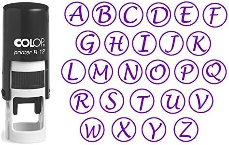 Custom A-Z Alphabet Stamp in Violet Ink Monogram Round Rubber Stamp Self Inking Initial Stamp COLOP Mini Stamper 12 mm