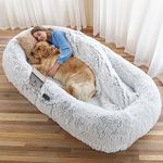 WROS Human Dog Bed, 71''x45''x12'' Size Fits You and Pets, Washable Faux Fur Dog Bed for People Doze Off, Napping Orthopedic Dog Bed, Present Plump Pillow, Blanket, Strap - Grey