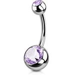 OUFER Solid Titanium Belly Bars 14G Navel Rings Grade 23 Titanium Ball Double Gems Belly Piercing Jewellery Purple