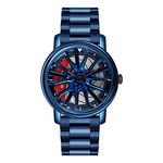 GORBEN Creative 3D Car Wheel Rotating Analog Watch Men Fashion Quartz Watch With Stainless Steel Strap, Blue, Quartz Watch