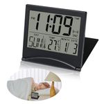 Qkhcable Digital Travel Alarm Clock, Folding LCD Desk Clock with Time, Day, Date and Temperature, Compact Battery Operated Bedside Clock with Snooze for Bedroom, Office and Travel, Black