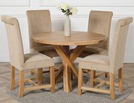 OAK FURNITURE KING Oregon Round Oak Dining Table and 4 Chairs Dining Set with Washington Beige Fabric Chairs