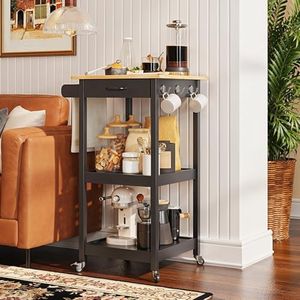 Gizoon Small Kitchen Island with Top Drawer, Mobile Rolling Cart on Metal Wheels with 2 Open Shelf, 3 Side Hooks, Wine Rack for Dining Room, Home Coffee Bar, Black