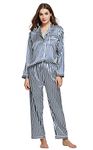 Women's Pyjama Set Satin Long Sleepwear Nightwear Loungewear (Blue White Striped, Medium)