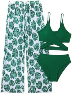 OYOANGLE Girl's 3 Piece Swimsuit Butterfly Print Criss Cross Bikini Set Bathing Suit with Mesh Pants Green Graphic 10 Years