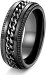 FIBO STEEL Stainless Steel 8mm Black Rings for Men Chain Rings Biker Grooved Edge,Spinner Ring with Chain Fidget Ring for Anxiety,Size 9 Black