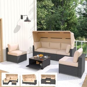 GAOMON Patio Furniture Sets 6 Pieces,PE Rattan Daybed with Retractable Canopy,Outdoor Sectional Furniture with Adjustable Backrest Patio Sofa with Glass Coffee Table