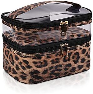 imerelez Double-layer Cosmetic Bag Makeup Bag Travel Makeup Bag Makeup Bags for Women Cosmetics Cases Portable Waterproof Foldable (Leopard)
